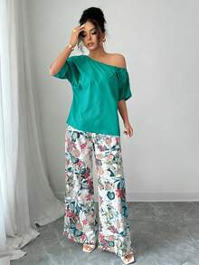 Selianne 2pcs/Set Summer Casual Cold-Shoulder Top And Floral Print Pants - Green - View 5
