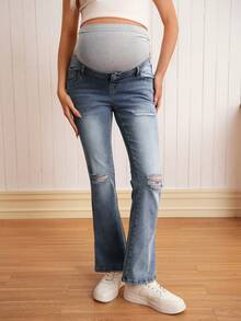 SHEIN Maternity Skinny Stretch Denim Jeans With Side Slit - Medium Wash - View 3