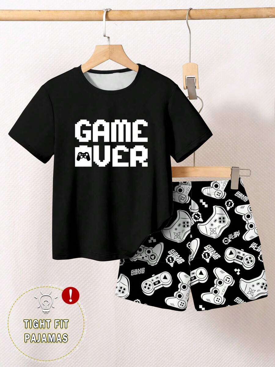 SHEIN Tween Boys Pajamas Set, Black Video Game Graphic Short Sleeve & Shorts, Stretchy Sleepwear Snug Fit - Black - View 1