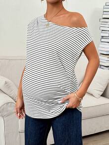 SHEIN Maternity Casual Striped Asymmetric Collar T-Shirt, Summer - Black and White - View 3