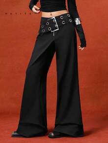 LYSMO Petite 2026 新款极简主义春夏女装金属孔眼腰部休闲裤，Y2K 风格，适合外出、街头风、返校、返校节等场合。 - 黑色 - 查看 3