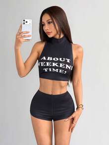valorelle valorelle 2pcs/Set Women High Neck Sleeveless Letter Print Crop Top And Matching Skinny Shorts 2 Pieces Short Sets Woman Women's 2 Pieces Outfit Tank Top And Shorts Set Vest And Shorts Set - Multicolor - View 5