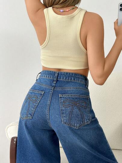 SHEIN High Waist Bow Embroidery Detailed City Length Denim Woman Short