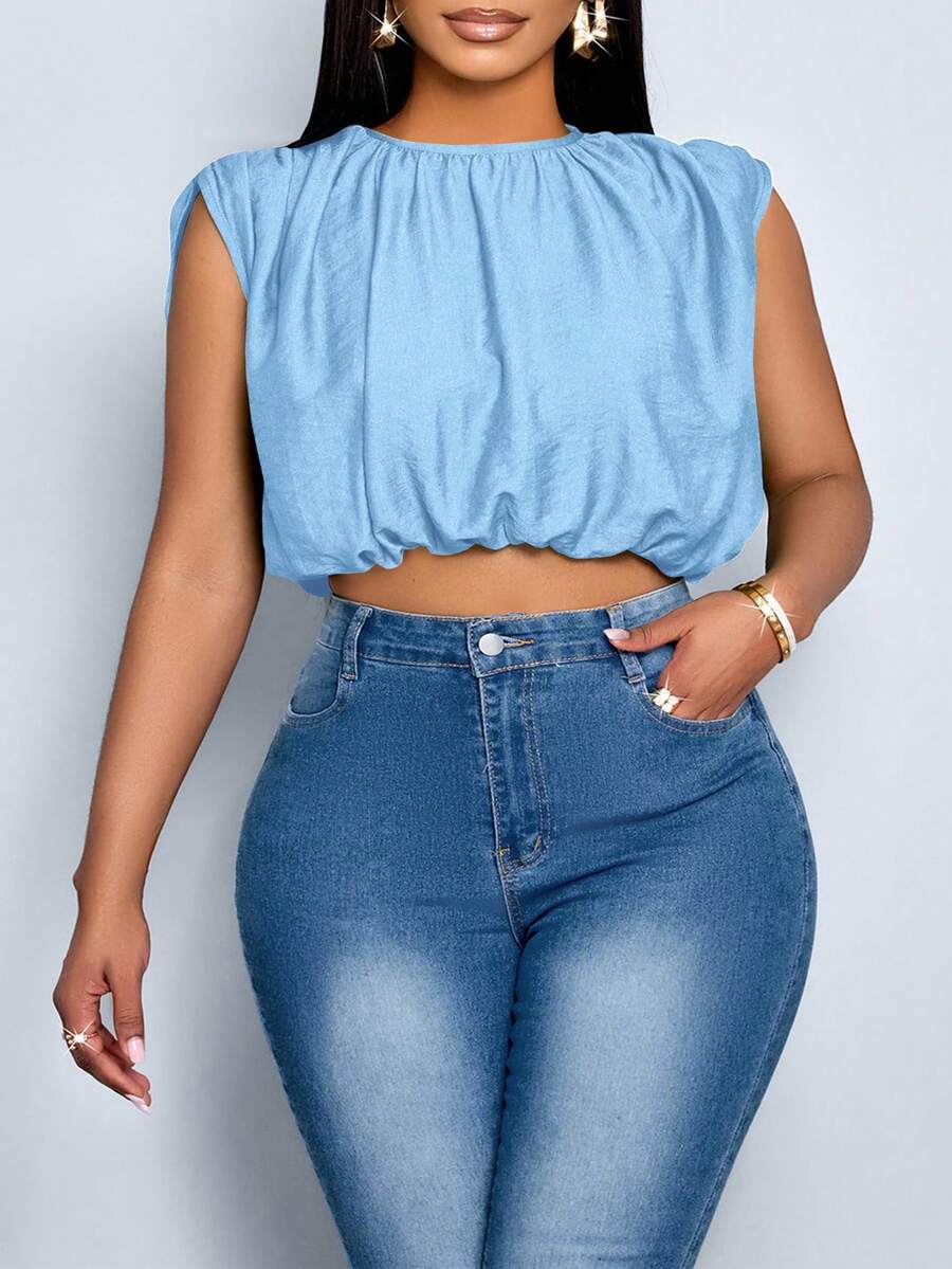 SOLERSUN Women's Plus Size Simple Spring Summer Daily Wear Solid Color Ruched Sleeveless Shirt - Baby Blue - View 1