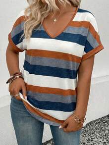 EMERY ROSE New Plus Size Women's Fashion Printed Striped V-Neck Versatile Colorful Retro Short Sleeve T-Shirt - Multicolor - View 4