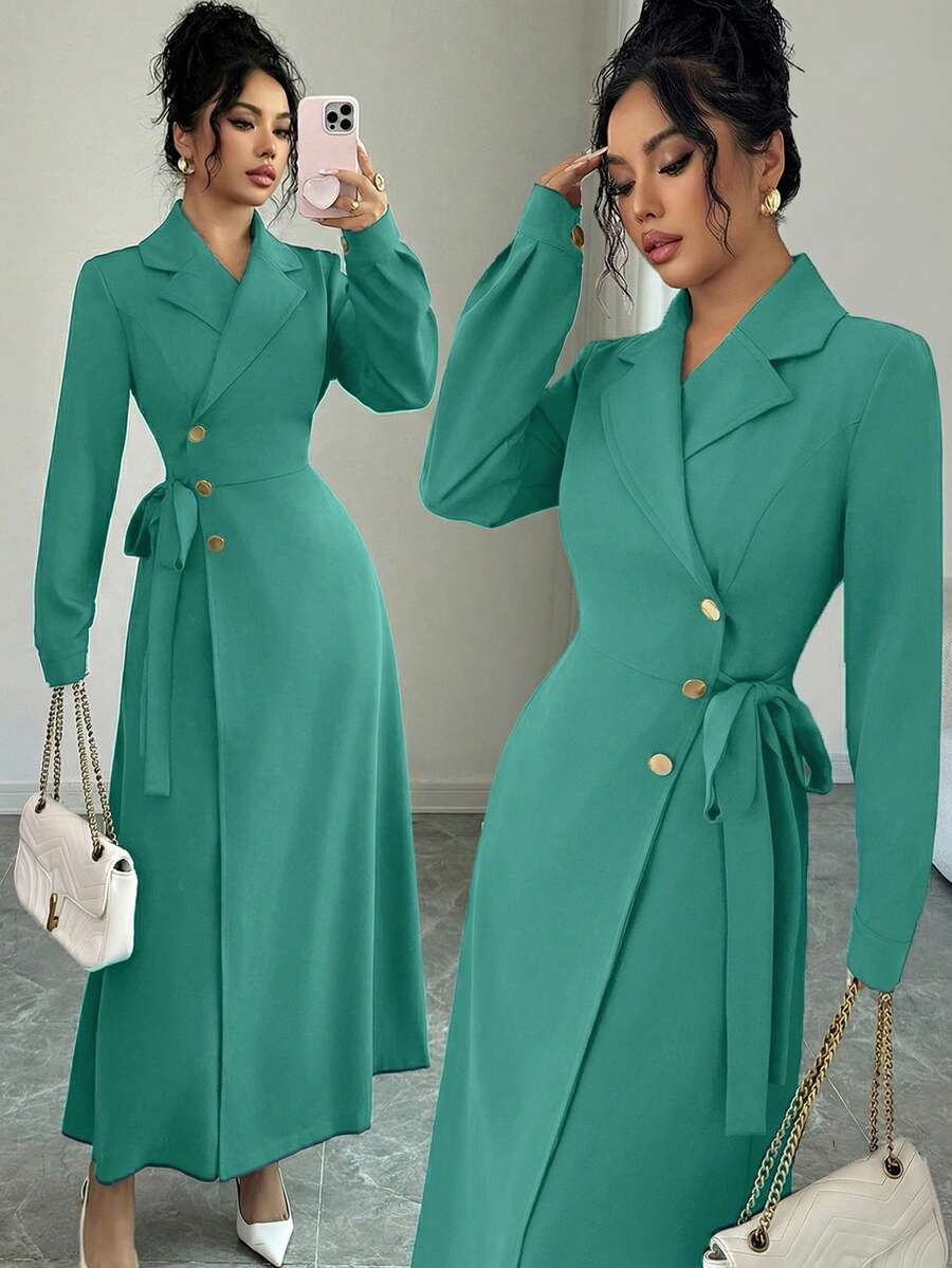 Elenzga Ladies Weave Elegant Autumn Long Dresses For Vacation - Teal Blue - View 1