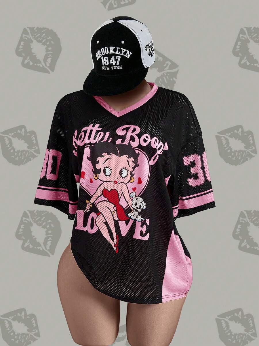 Betty Boop x SHEIN 大码女式V领卡通字母印花休闲百搭日常短袖T恤 - 黑色 - 查看 1