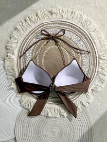 Swim SXY Áo bikini nữ màu trơn kiểu yếm buộc dây trang trí, có gọng nâng ngực, bikini gợi cảm. - màu nâu - Xem 2