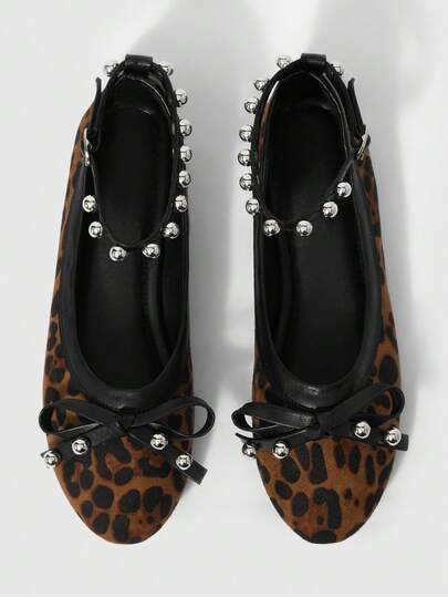 ROMWE Grunge Punk Leopard Print Black Bow Metal Bead Decorative Flat Shoes Women, Retro Sweet And Cool Style Daily Commuting Low Vamp Shoes