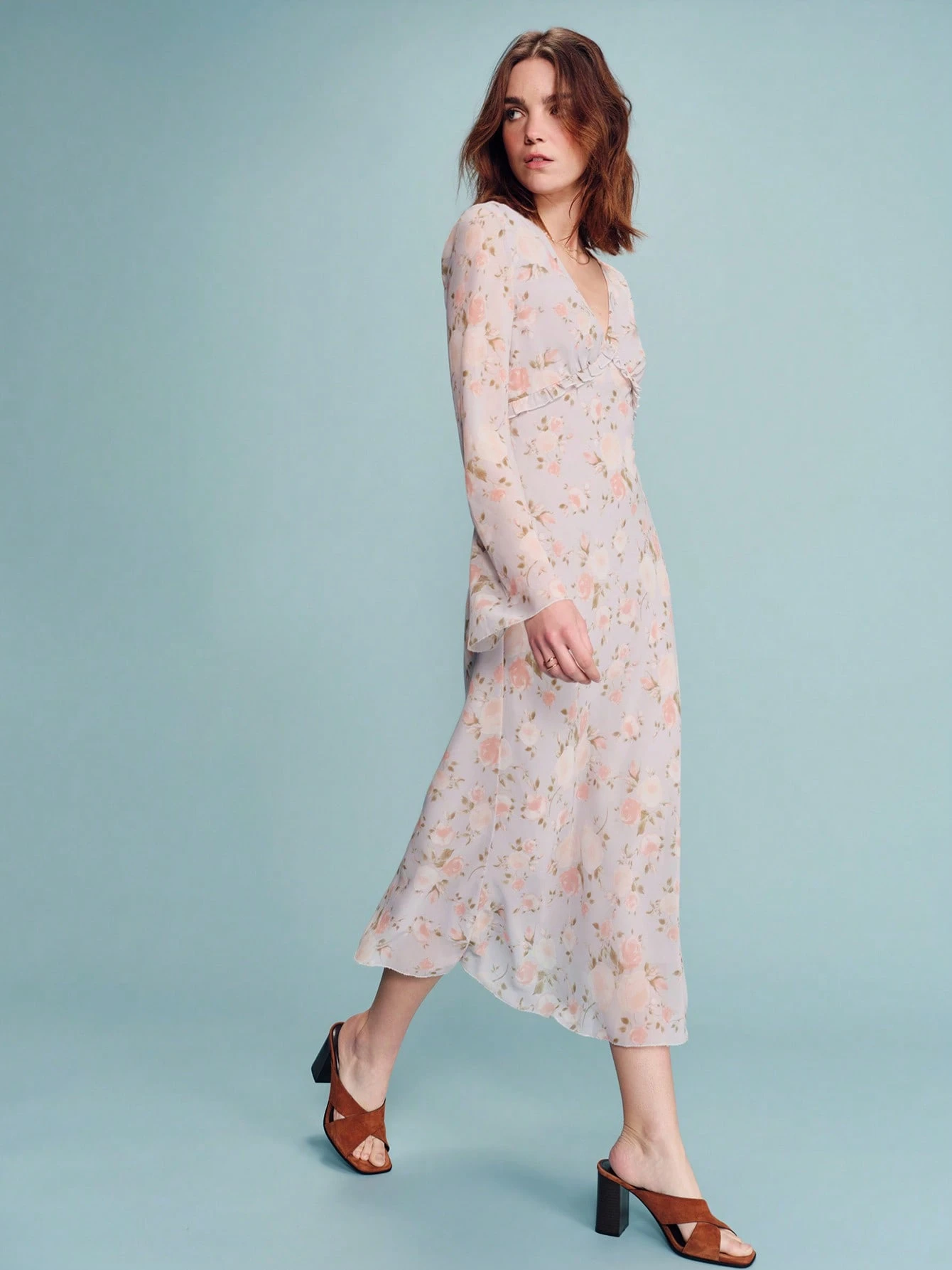 Romantic Floral Print Long Sleeve Midi Dress With Ruffled Front Bust Detail And Soft Flowing Silhouette Feminine Spring Summer Dress French Style Parisian Style  Going Out Long Sleeve Dresses Woman Long Floral Dress Women Flowery Dress
