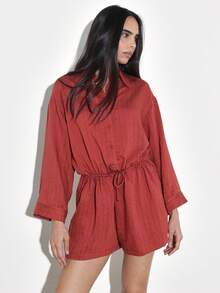 KSTM Women's Long Sleeve Button Down Collared Romper With Drawstring Waist Tie Detail Fall Autumn Casual Playsuit - Red - View 1