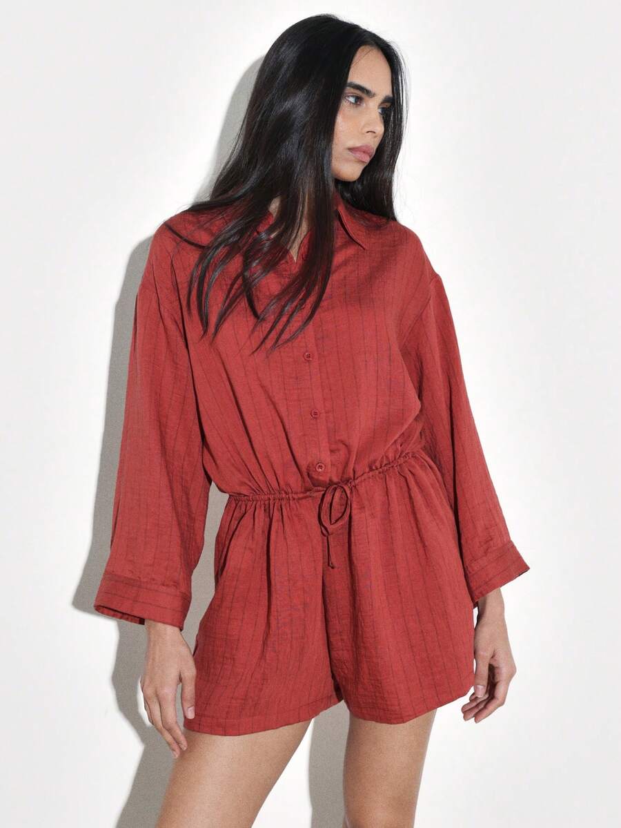 KSTM Women's Long Sleeve Button Down Collared Romper With Drawstring Waist Tie Detail Fall Autumn Casual Playsuit - Red - View 1