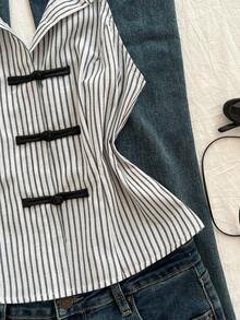 Elamini Women's Black Retro Striped Sleeveless Shirt With Chinese Style Buttons And Ruffle Hem, Casual And Commuting Wear For Summer - Black and White - View 7