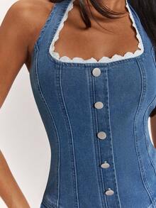 SHEIN BAE Women's Fashion Blue Halter Backless Denim Jumpsuit - Medium Wash - View 4