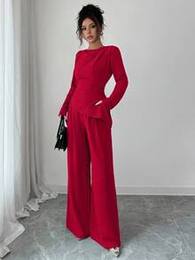 Rafferiza 2件套女士纯色褶边不对称下摆长袖套装 - 紅色 - 查看 4