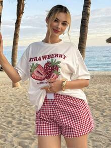 MainGRL Strawberry Print T-Shirt & Plaid Shorts Casual Loungewear Set - Red - View 3