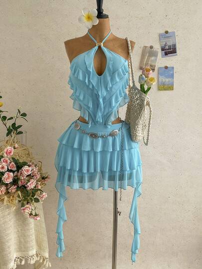 Soleia New Casual Vacation Western Beach Wedding Guest Attire Graduation Brunch St. Patrick's Day Spring Break Easter Music Festival Elegant Bohemian Tropical Backless Tie Strap Ruffle Metal Waist Cutout Mini Dress For Women