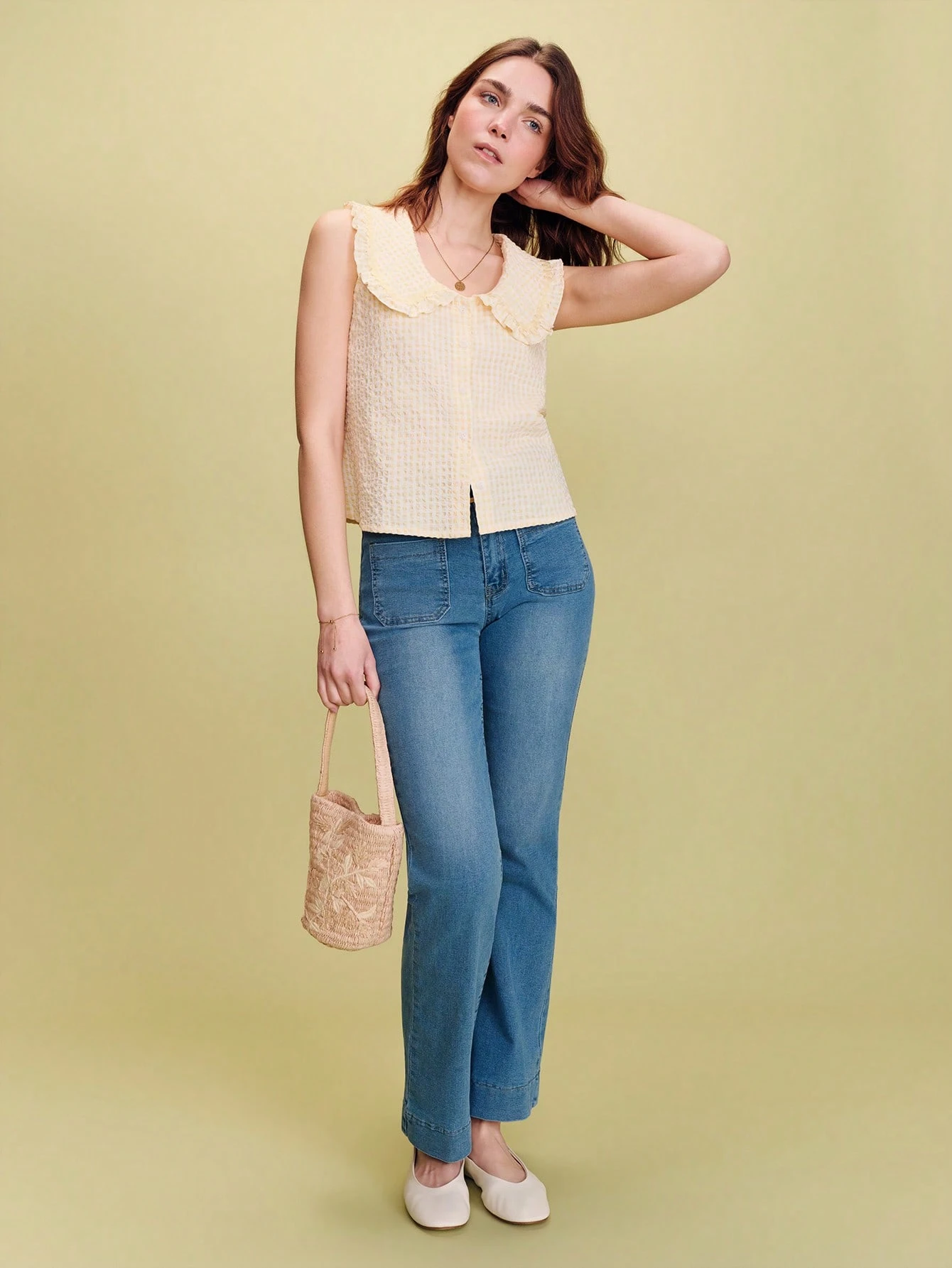 Butter Yellow Gingham Top With A Wide Peter Pan Collar, Ruffle Detailing, And Contrasting Trim Cute Style Spring Summer French Style Parisian Style Vacation Top Vintage Top