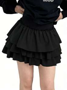 DAZY Jupe à volants de couleur unie pour femmes avec short de , style scolaire - Noir - Voir 2