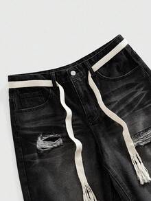 ROMWE MEN New Summer Men's Heavy-Weight Distressed Loose Casual Denim Shorts - Black - View 3