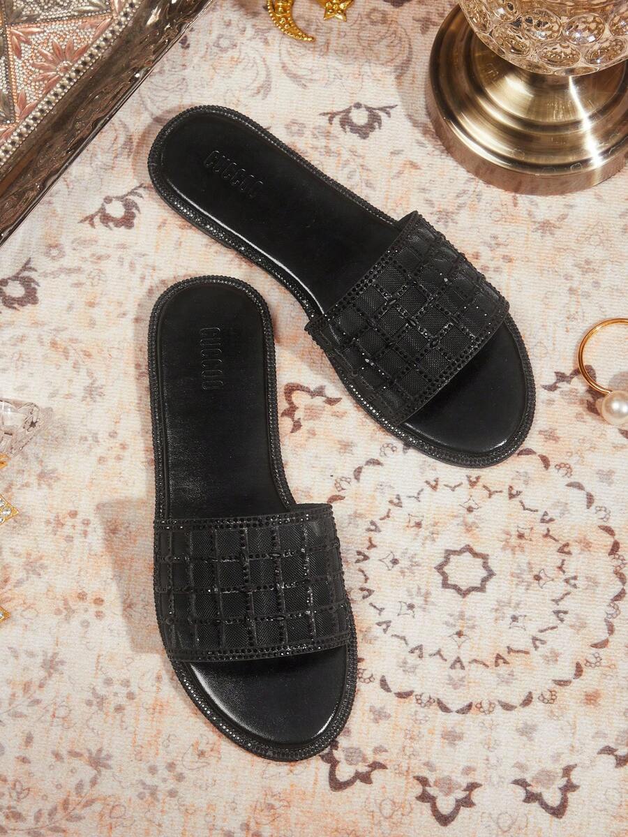 CUCCOO TILAWA Women's Rhinestone Flat Sandals - Black - View 1