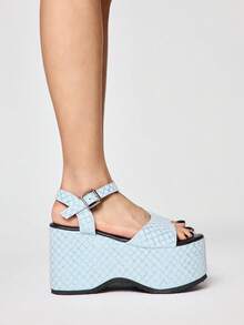ROMWE Kawaii Damen Schwarze High Heel Sandalen, Peep Zehen mit Kristallverzierung, festliche Schuhe im Y2K, Sweet/Punk Rock/Gothic Stil, geeignet für Ausgehen und Urlaub, Halloween - Hellblaues Gitter - Übersicht 4