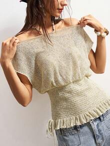 Bohemela 女士休闲纯色针织露肩宽松T恤 - 綠色 - 查看 6