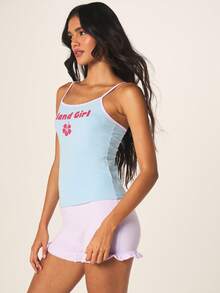 MISSGUIDED 女士两件套吊带背心和荷叶边短裤睡衣套装，饰有岛屿女孩芙蓉花印花 - 彩色 - 查看 4