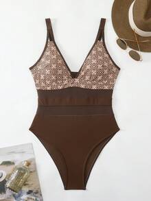 Swim Lushoire 女士秋季新款棕色吊带印花黑色网纱连体泳衣，性感优雅度假简约派对圣诞连体泳衣 - 棕色 - 查看 3