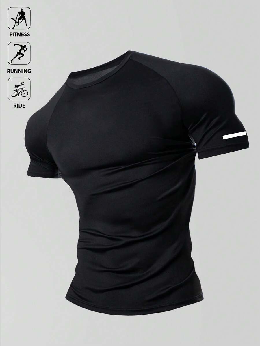 GymBeat 男士弹力时尚Logo T恤，节日礼物男士压缩衬衫 - 黑色 - 查看 1