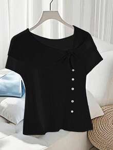 Camiseta casual de mujer de unicolor con diseño de botones y decoración de lazo en las mangas cortas - Negro - Ver 3