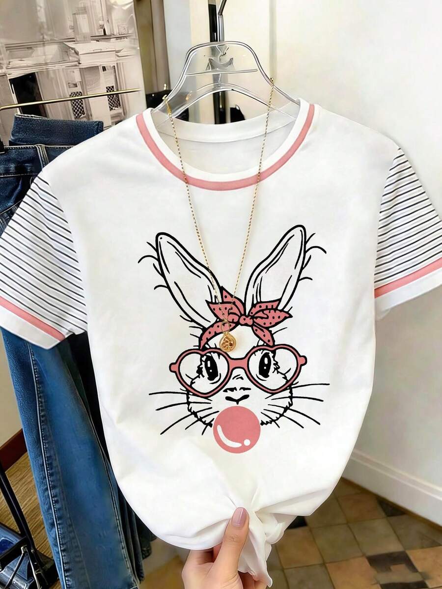 Resyla Women's Minimalist Printed Round Neck Short Sleeve T-Shirt, Summer - White - View 1