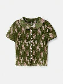 lacRébo Áo croptop tay ngắn màu xanh lá cây, cổ búp bê, kiểu dáng mùa xuân hè, phong cách Pháp, kiểu Paris, áo dễ thương để đi chơi, công sở, kiểu vintage. - màu xanh lá - Xem 7