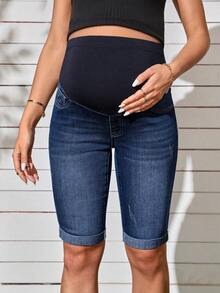 SHEIN Maternity Solid Color Casual Denim Shorts - Dark Wash - View 1