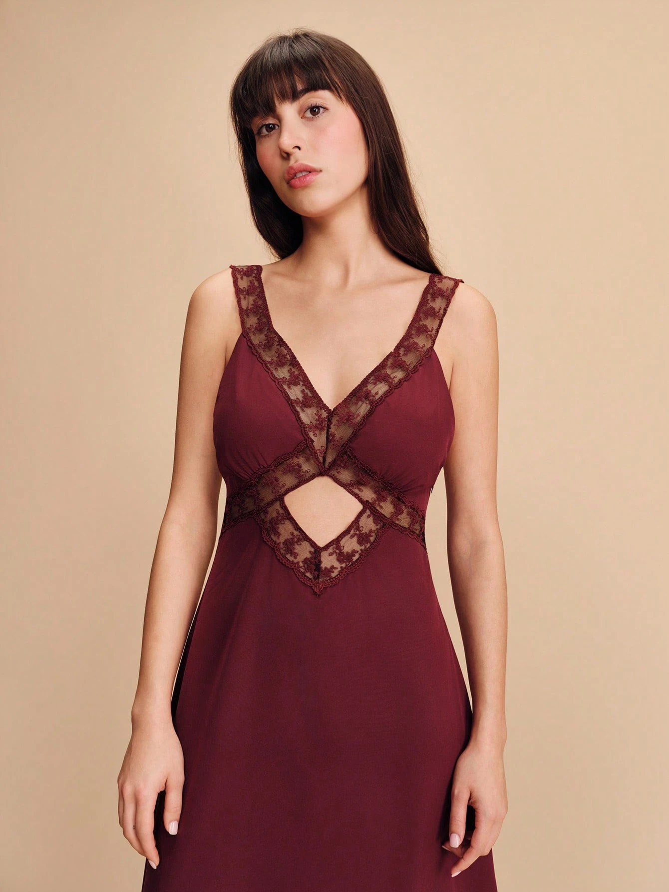 Burgundy Fitted Midi Dress With Lace Trim V Neckline Front Cut Out Detail Sleeveless Design And Elegant Silhouette Romantic Evening Dress French Style Parisian Style Vacation Outfit