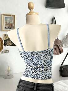 Lalippa Camiseta de mujer con encaje, estampado de leopardo y parches, de verano - Multicolor - Ver 2