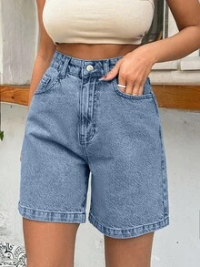 EURMUSE 100%Cotton Rigid Medium Wash Women Short - Baby Blue - View 3