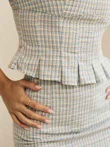 Aralina 夏季女士两件套格子图案上衣细节外出派对假日沙滩上衣和半身裙套装 - 藍白色 - 查看 3