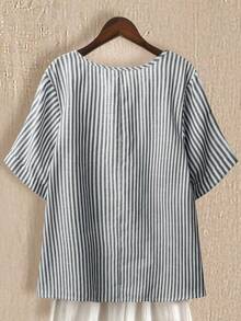 SHEIN LUNE 大码女士亚麻条纹圆领前开襟七分袖休闲度假衬衫 - 黑與白 - 查看 2