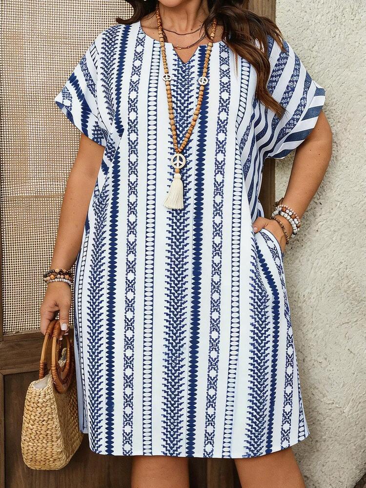 Plus Size Women's Early Spring Short Sleeve Striped Dress\Summer\Vacation Plus Size Summer Dress Plus Size Vacation Dress Plus Size Dresses Pocket Summer Dress  Summer Outfits Summer Clothes Spring Dress Spring Outfit Women Spring Clothing Floral Dress Floral Dresses For Women Beach Vacation Outfits For Women Vacation Dress Bohemian  Blue Dress Plus Size Boho Dress