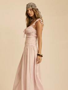 Aralina Robe longue évasée femme à encolure carrée, manches volantées, taille froncée et resserrée à la taille. Robe de mariage pour invitée, robe d'événement, robe de remise des diplômes, robe d'été, couleur rose - Rose pâle - Voir 6
