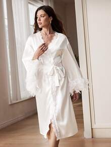 Elegant White Feather Robe, French Graceful Lace Robe, Mature Charming Ladies Sleepwear - White - View 3