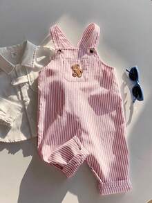 SHEIN 男婴休闲可爱百搭条纹卡通熊图案围兜连体衣 - 藕粉色 - 查看 7