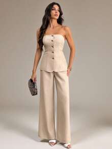 SHEIN Tall Conjunto de 2 piezas de top de camisola con botón de metal elegante y minimalista, y pantalones anchos de cintura alta color caqui, adecuado para ir a trabajar, uso casual, vacaciones - Caqui - Ver 7