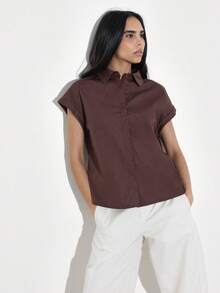 KSTM Women's Chocolate Brown Short Sleeve Button Down Collared Blouse Relaxed Fit Office Casual Spring Summer Top - Brown - View 7