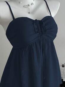 Franclia Petite 女士夏季可爱纯色褶皱面料粉色背心藏蓝色背心小号蝴蝶结荷叶边下摆女士上衣背心 - 藍色 - 查看 4