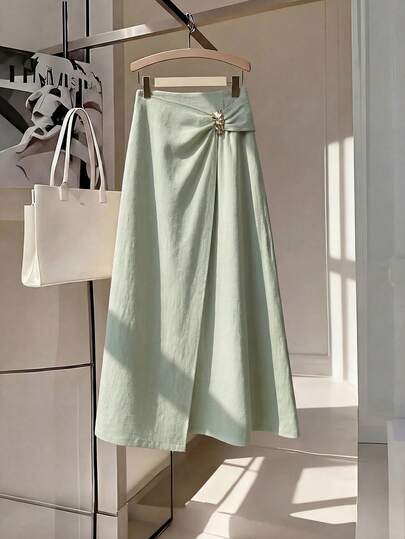 Franclia Women's Solid Color Gingham Textured Elegant French Style Skirt, Suitable For Work, Commute, Vacation, Romantic, High-End Beach Party, Afternoon Tea, Elastic Waist Asymmetric Design Slimming A-Line Skirt, Spring/Summer