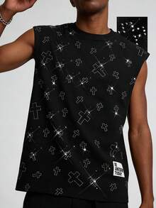 ROMWE MEN Unisex Casual Fashionable Rhinestone Embellished Sleeveless Tank Top, Sports & Leisure Crew Neck Tank Top - Black - View 1