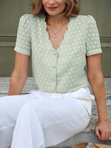 Isle Nomé Women's Ruffled Jacquard Polka Dot Loose Casual Top, Spring/Summer - Mint Green - View 4