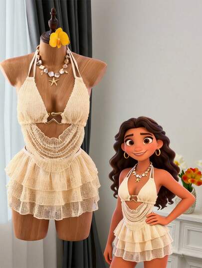 Bellisia Women's Summer Vacation Apricot Lace Hollow Out Draped Neck Metal Decor Cake Mini Skirt Bikini 3-Piece Swimsuit Beach Outfit